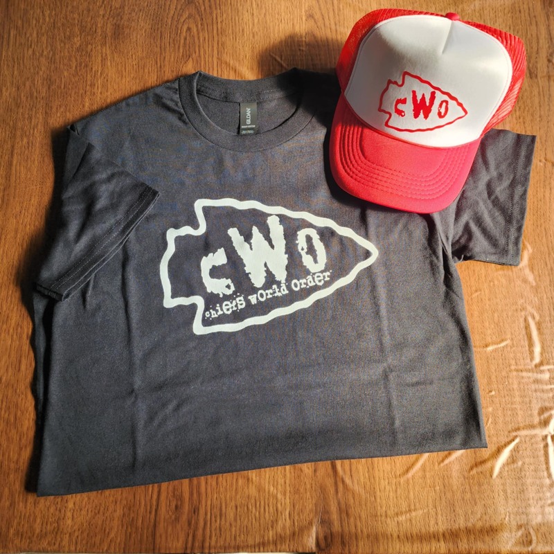 White cWo (Chiefs World Order) on black shirt
